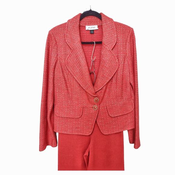 ST. JOHN 2 Piece Knit Pant Suit Coral Metallic Tweed Blazer Stretch Work Pants - Picture 1 of 14